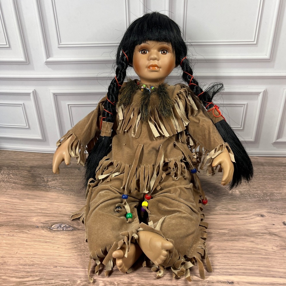 Native American Porcelain Soft Body Doll 18" Tan Fringed Outfit Black Braids